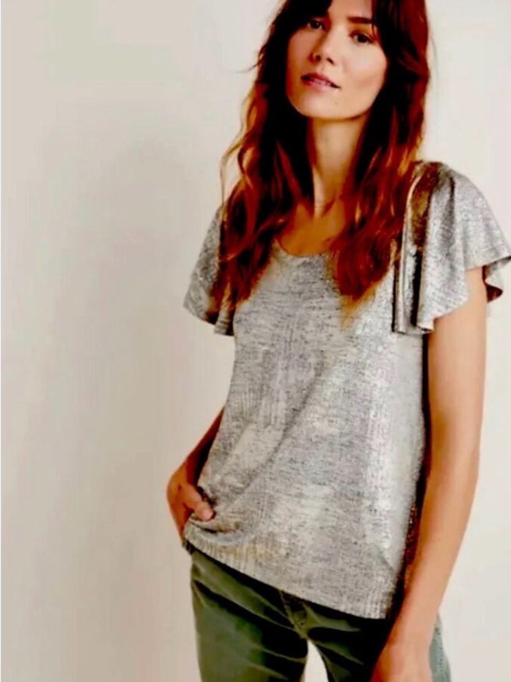 By Anthropologie Shimmer Knit Flutter Sleeve Metallic Top Silver XL